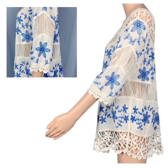 Oliver Crochet Embroidery Tunic Floral Top Blue‎ Cream Cotton Womens Size Medium - Picture 2 of 8